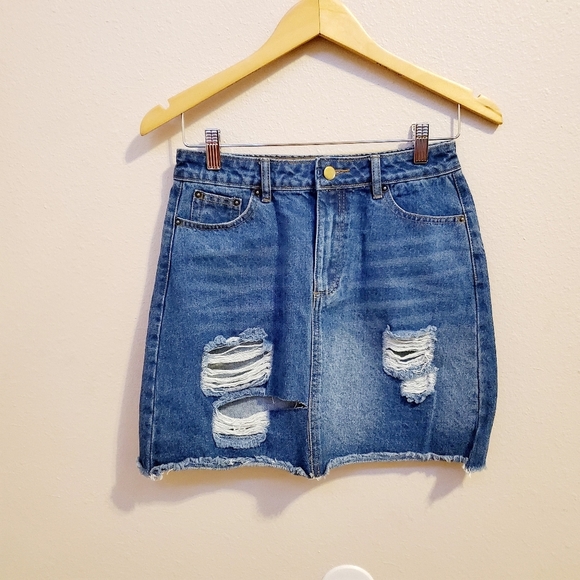 etophe studios distressed button zip raw hem jean mini skirt - Picture 6 of 7